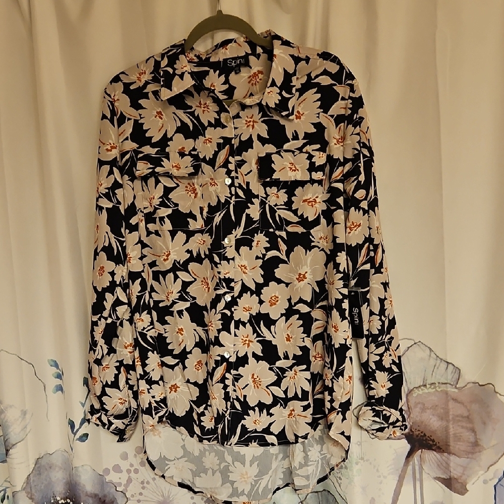 New From Boutique Tan Black Long Sleeve Button Down Shirt with Notched Collar